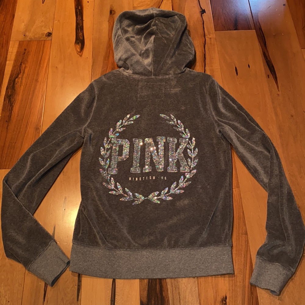 PINK Victoria's Secret Gray Velour Zip-Up Hoodie with Iridescent Logo